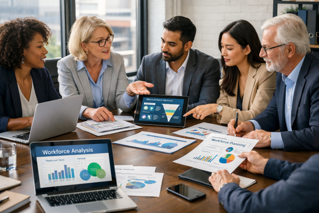 HR szolgáltató szakértők stratégiai munkaerő-tervezési megbeszélésen konferenciateremben