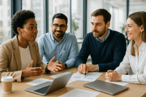 Diverz szakemberek együttműködnek egy modern irodában, hangsúlyban a soft skillek.