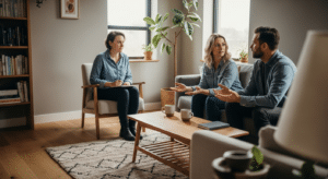 kapcsolati tanácsadás: tanácsadó és pár nyugodt, intim beszélgetése