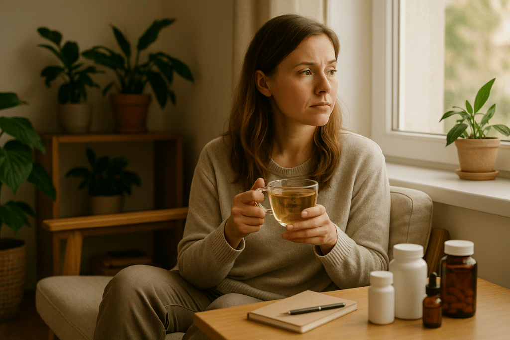 Gondolkodó nő magas prolaktin és hormonális egyensúly problémáival.