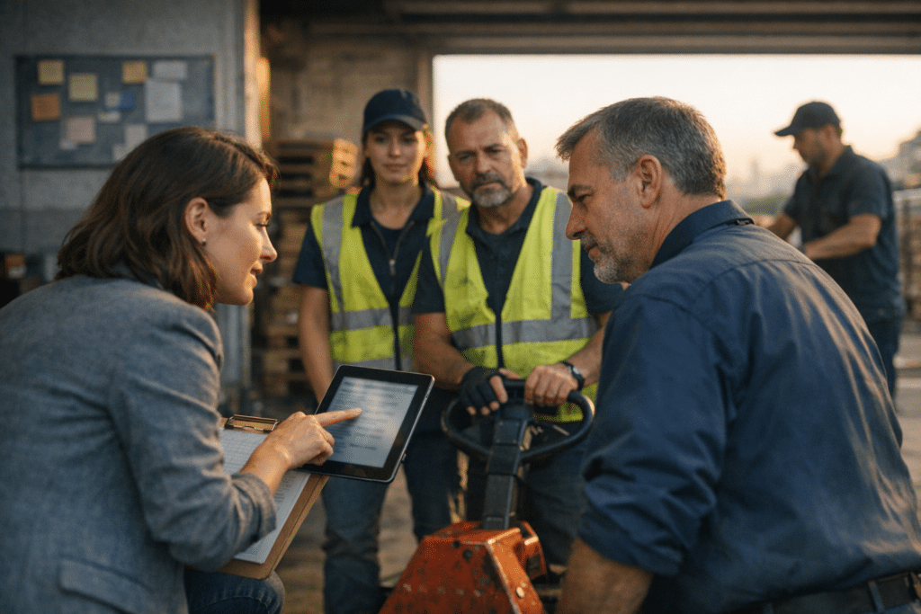 nagyvállalati munkaerő-kölcsönző kapcsolattartó betanítja ideiglenes munkavállalókat a raktárnál