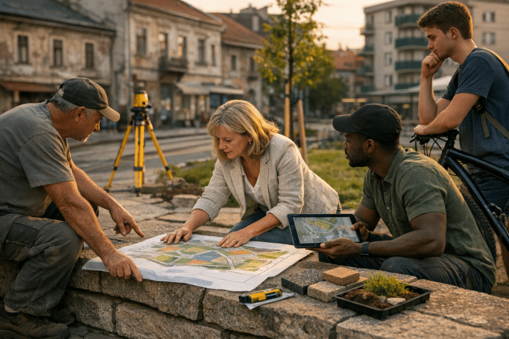 Városrendezés: tervezőcsapat helyszíni tervrajzot áttekint egy városi téren
