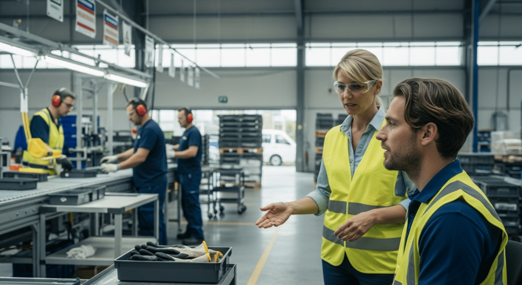 állásajánlat betanított munkára: betanítás gyári műhelyben, felügyelő magyaráz