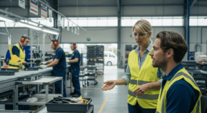 állásajánlat betanított munkára: betanítás gyári műhelyben, felügyelő magyaráz