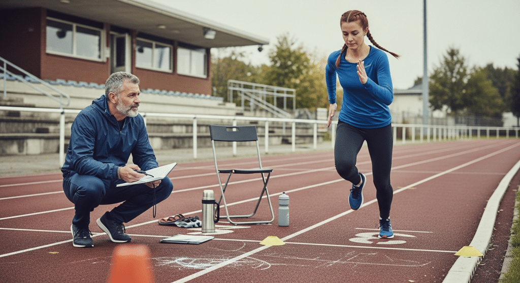 Veterán edző figyel középtávú futó technikájára — atlétika edzés módszerek