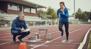 Veterán edző figyel középtávú futó technikájára — atlétika edzés módszerek