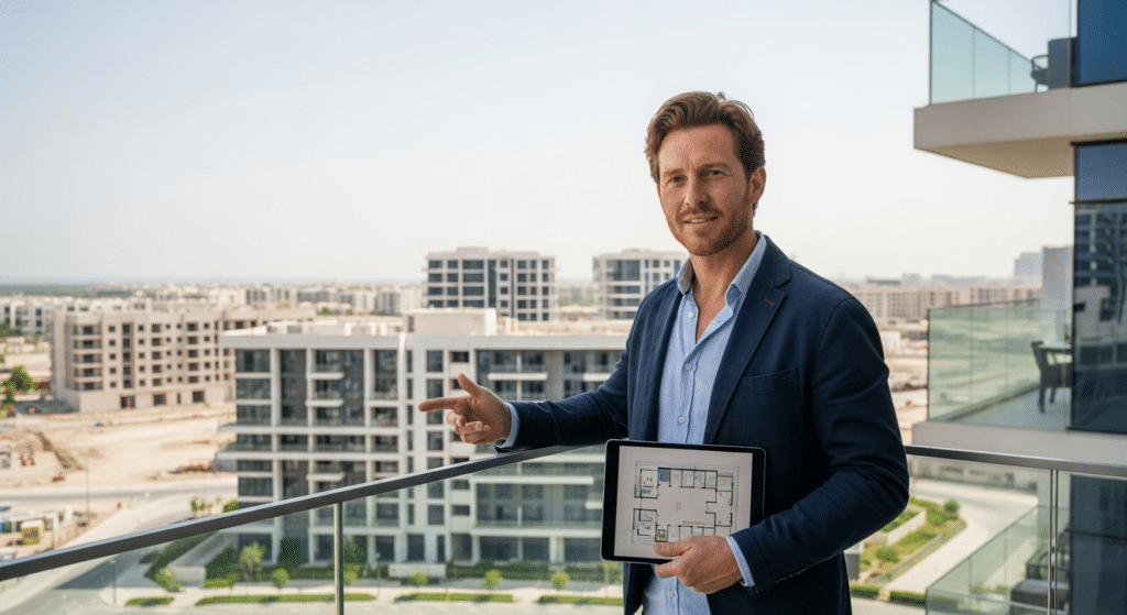 Dubai ingatlanpiac 2026-ban: európai befektető erkélyen, városi panoráma