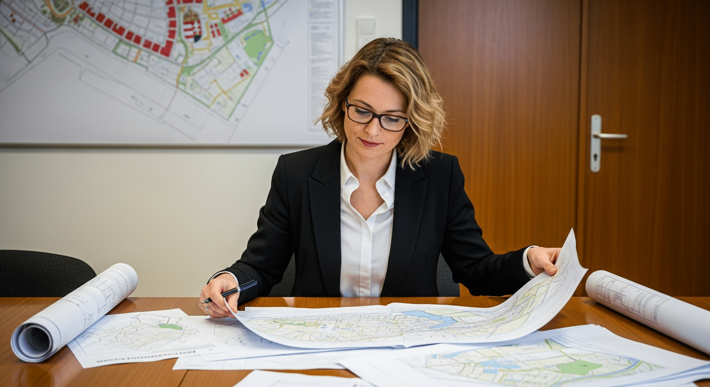 városfejlesztési dokumentumok fölött gondolkodó várostervező nő tárgyalóasztalnál
