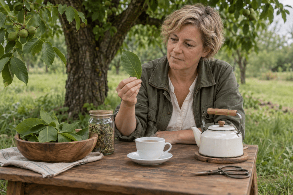 Diólevél tea készítése: gyógynövényes nő asztalnál diófa alatt