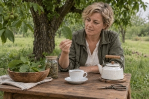 Diólevél tea készítése: gyógynövényes nő asztalnál diófa alatt