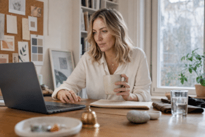 domain név személyes márka, spirituális wellness coach laptopnál gondolkodik